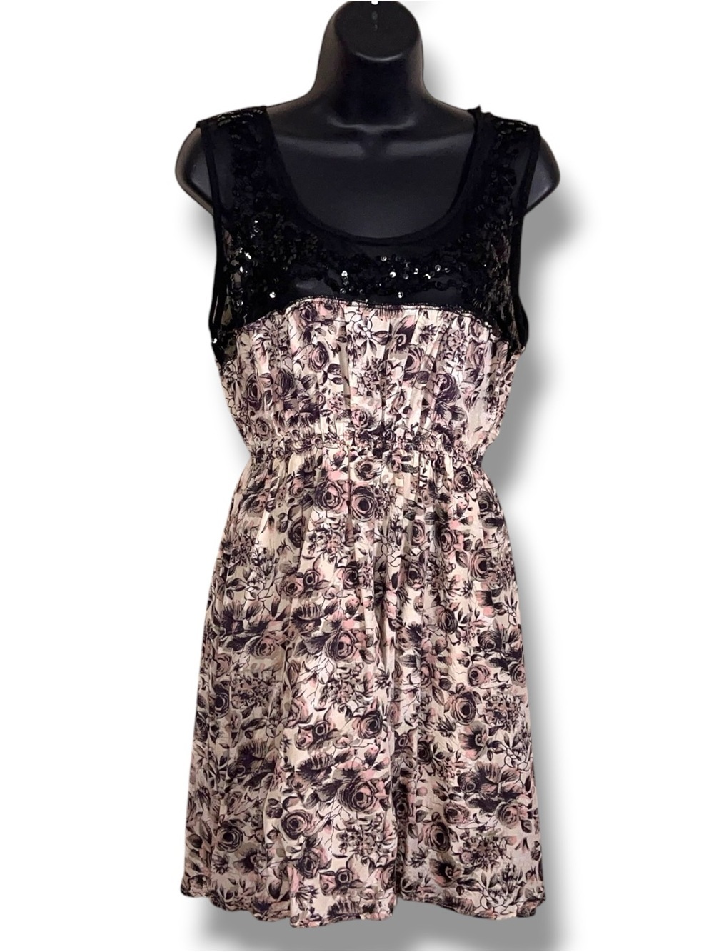 Juniors Large Angie Sleeveless Dress Black Pink Floral Sequin Accent Party